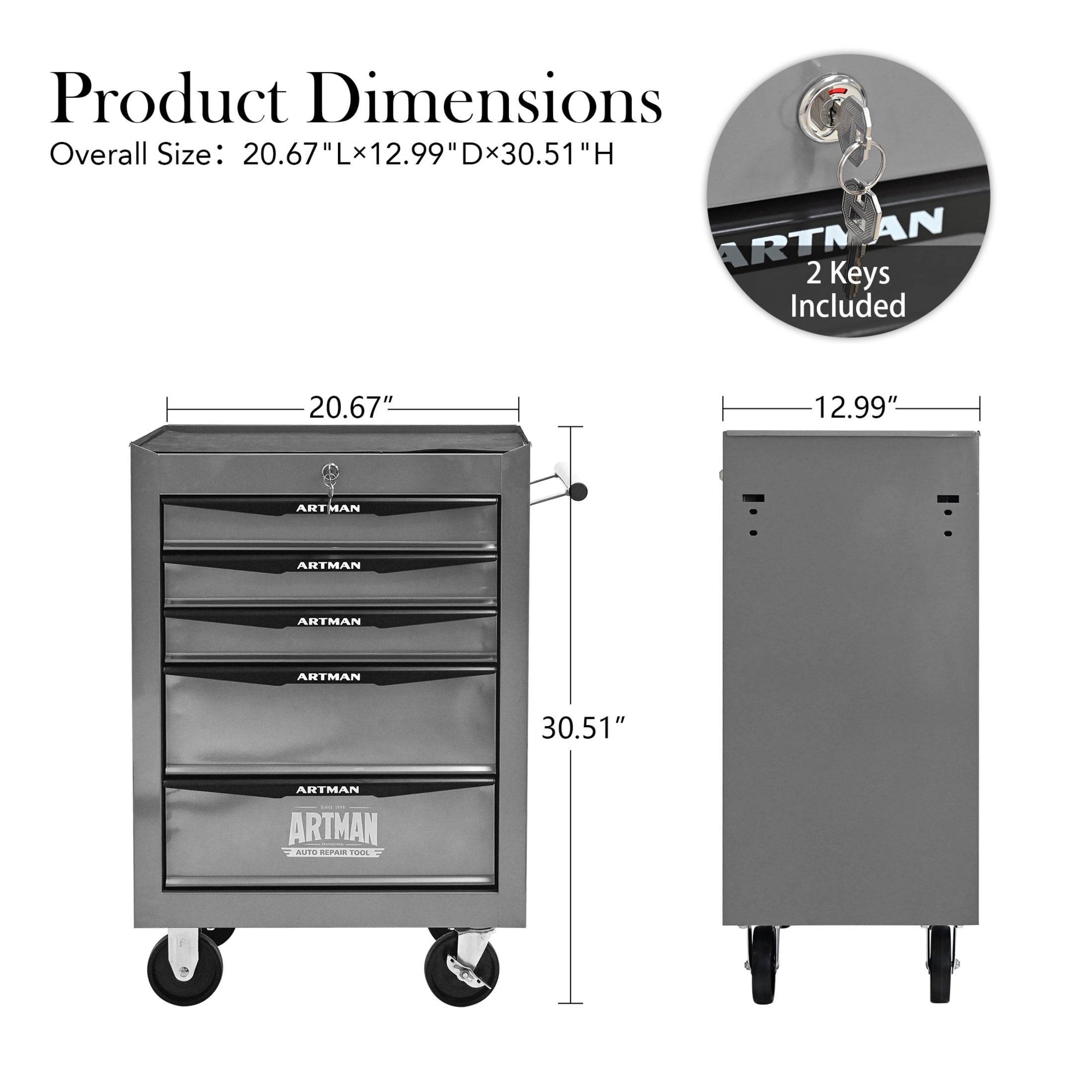 Noble House 5-Drawer Mobile Steel Tool Organizer with Key Lock, Ball Bearing Slide Storage Cabinet Box, Silver