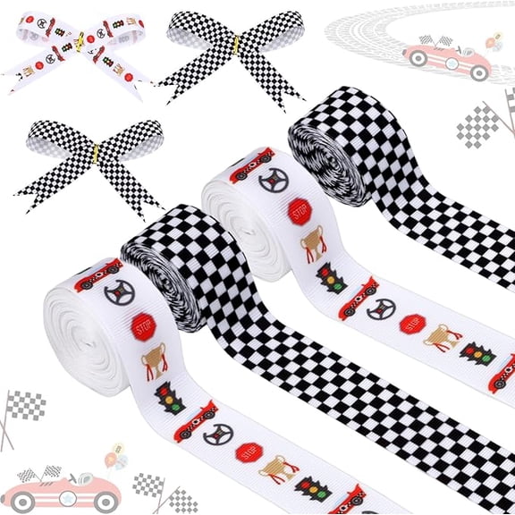 4 Rolls Red Racing Car Theme Ribbons, 20 Yards Craft Ribbons for Wreath Hair Bow Wrap Gifts, White Black Checkered Grosgrain Ribbons Birthday Wedding Gender Reveal Party Accessory Decorations