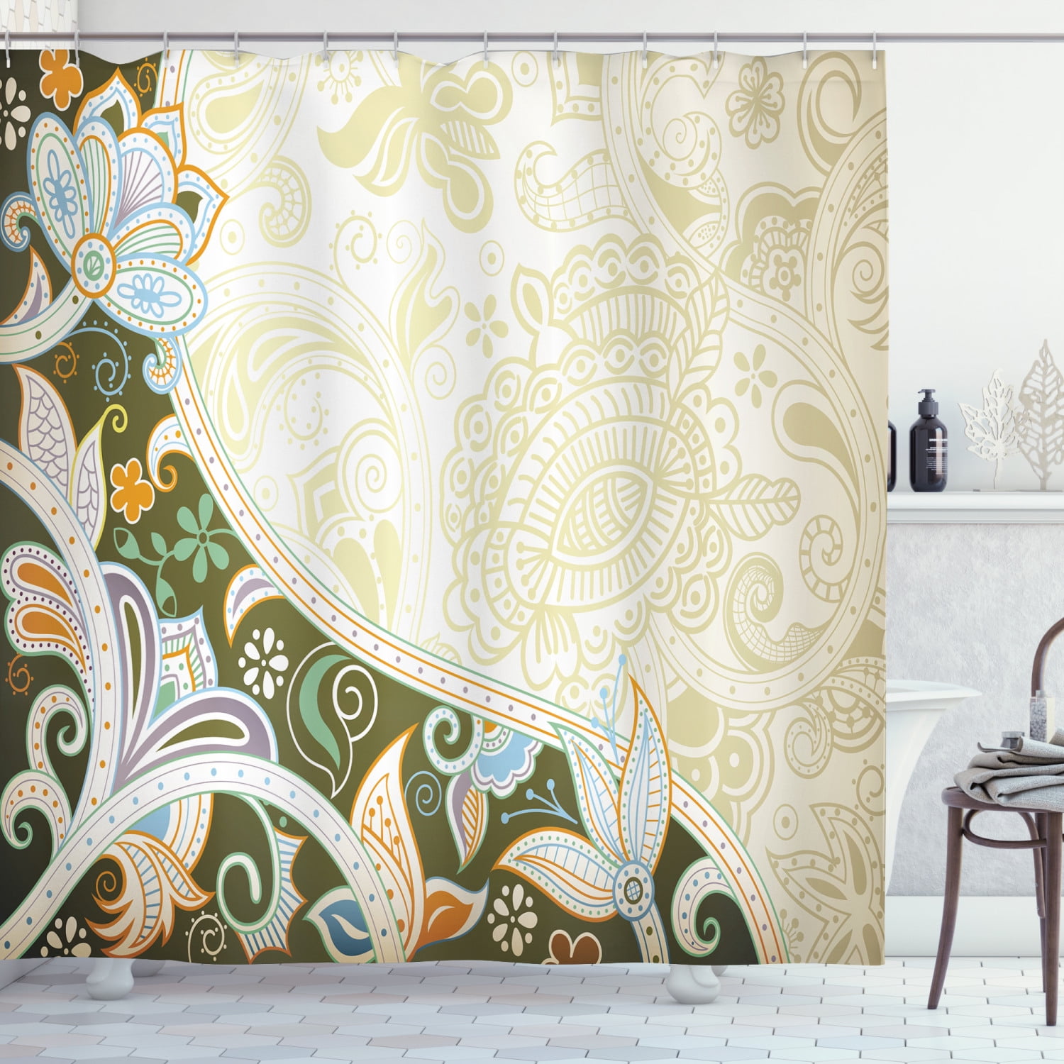 Olive Green Shower Curtain, Abstract Floral Pattern Leaves and Stripes