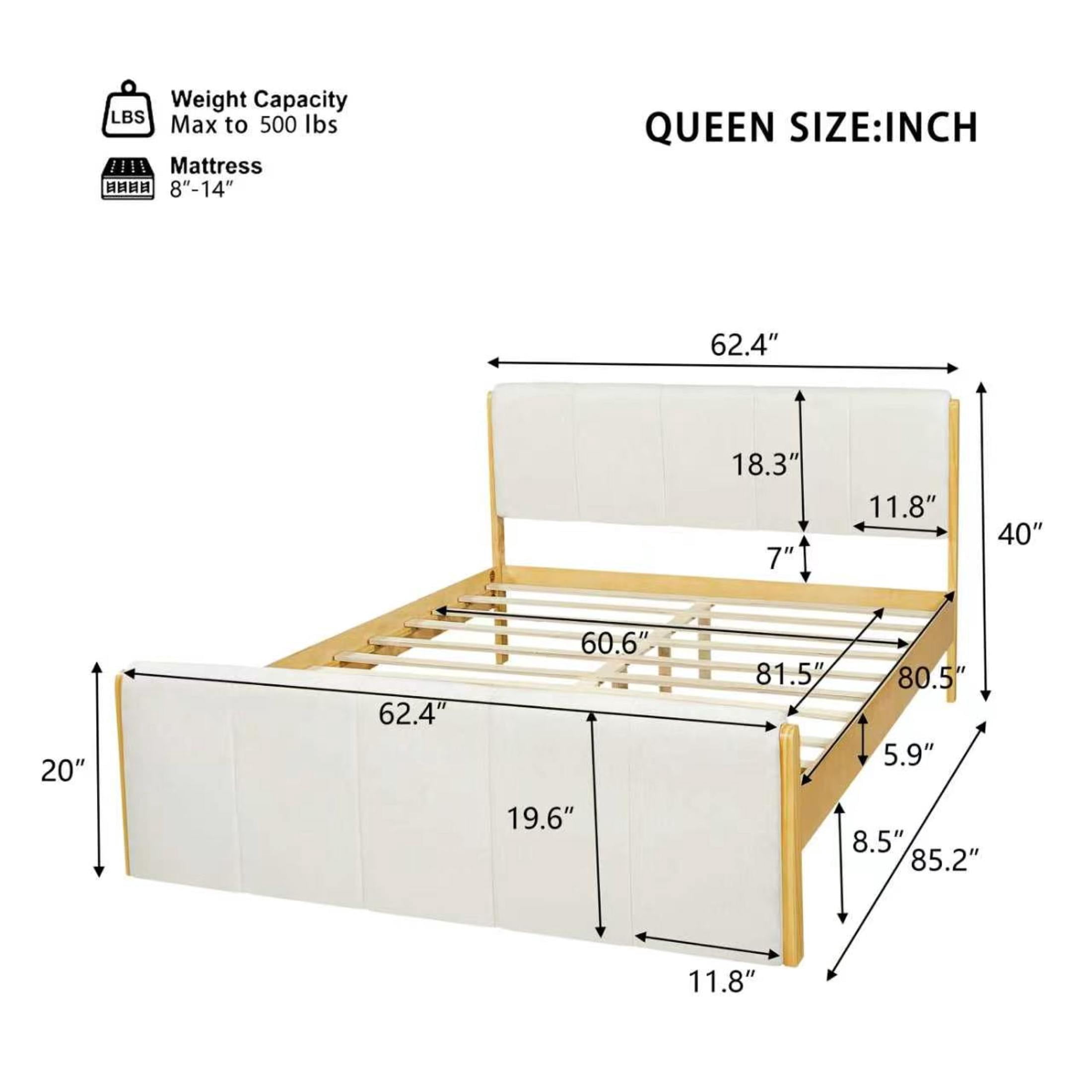 Christopher Knight Home Queen Upholstered Bed Frame, Platform Bed with Wood Trim, White + Natural