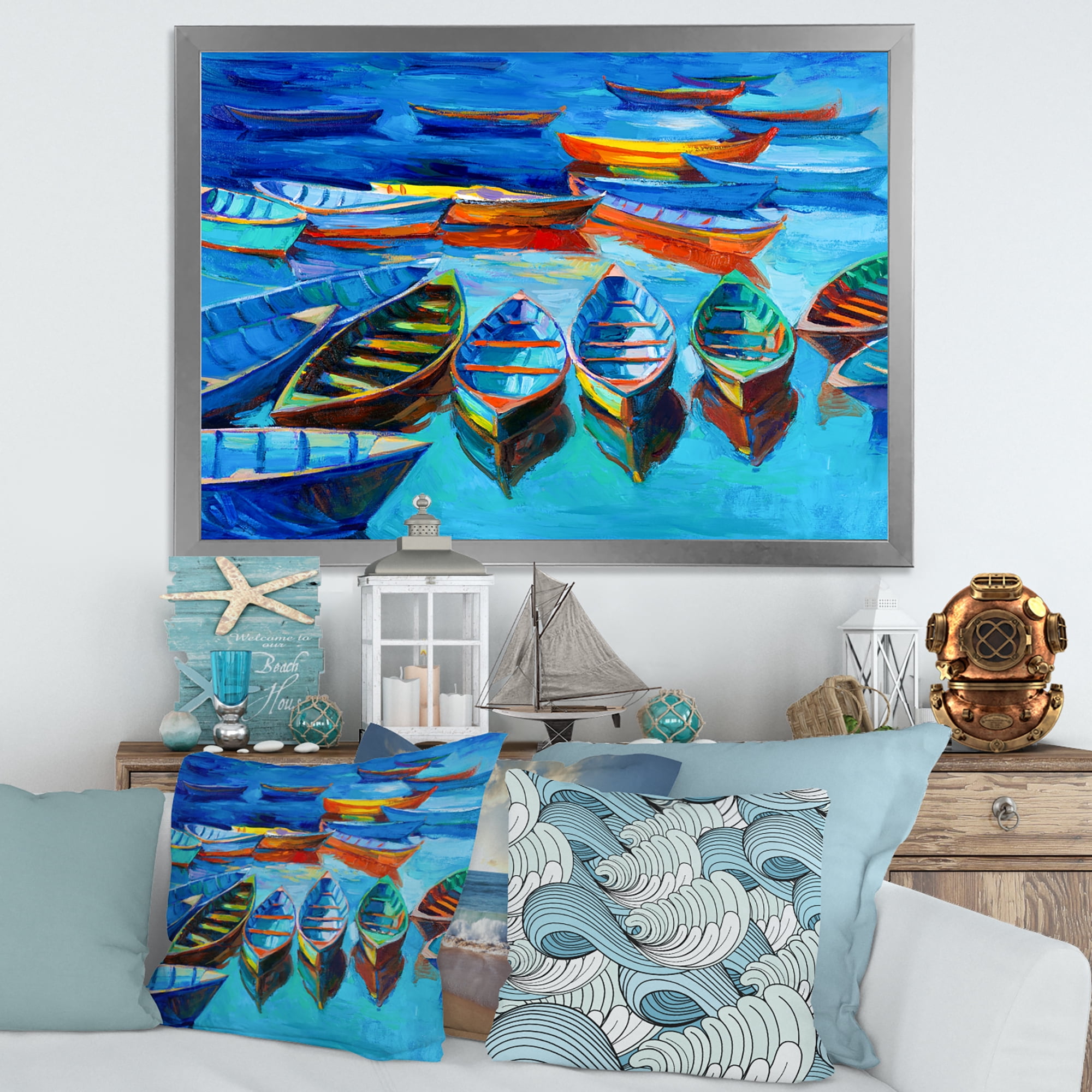 Designart 'Little Boats Wating In The Blue Harbour' Nautical & Coastal Framed Art Print