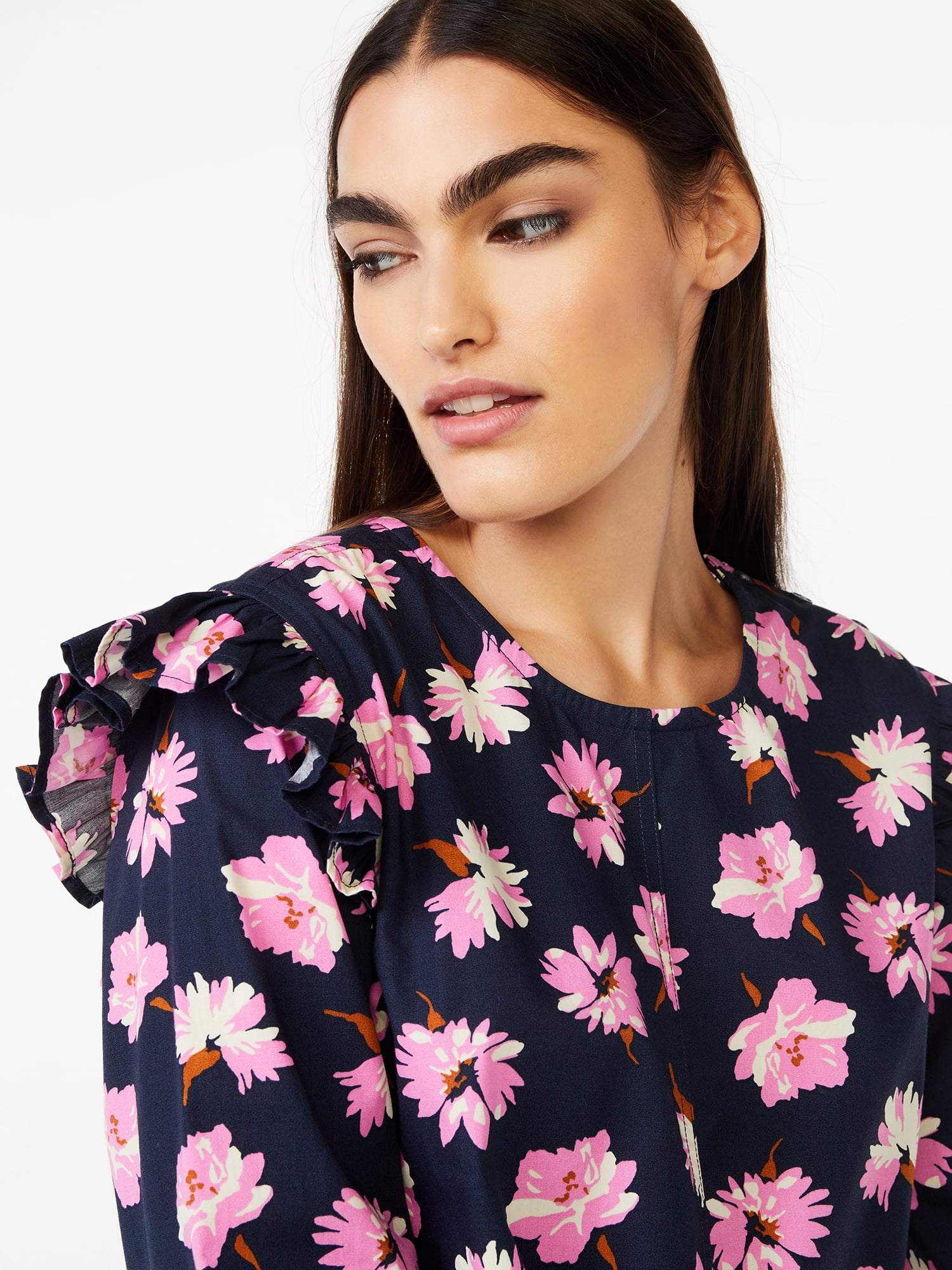Free Assembly Women's Button Shoulder Blouse with Long Sleeves