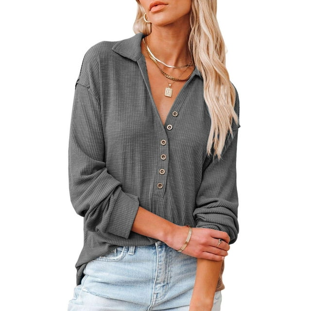 Blusa informal elegante de mujer con cuello vuelto, talla L, color gris, manga larga, escote en V, de punto