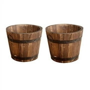CosCosX 2 Pcs Rustic Wooden Whiskey Barrels Bucket with Handle Flower Planter Plant Pots Boxes Container Water Wishing Well Pail Patio Garden Backyard Primitive Planter Outdoor Indoor Home Decor,4.73"