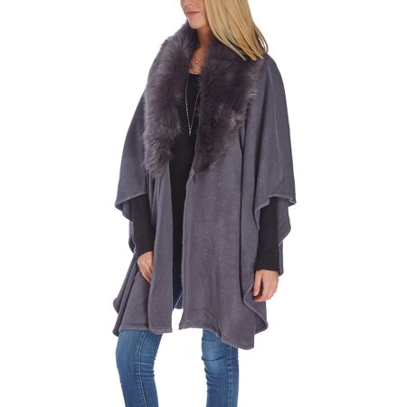 Gray Winter Shawl Wraps for Women Solid Faux Fur-Trim Poncho...