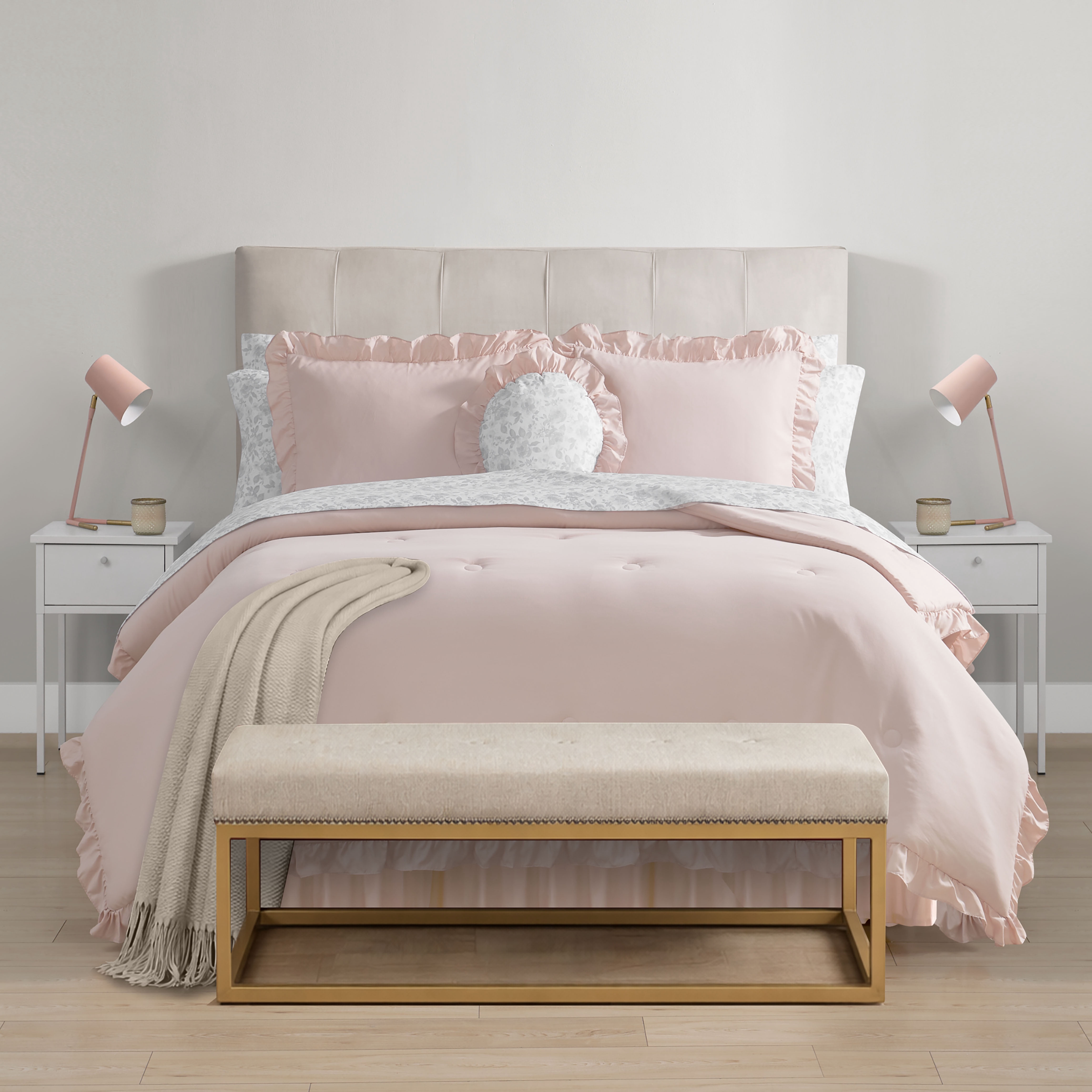 Mainstays All in One Reversible Comforter and Sheet Set- 11 Piece, King, Pink and Grey Ruffle