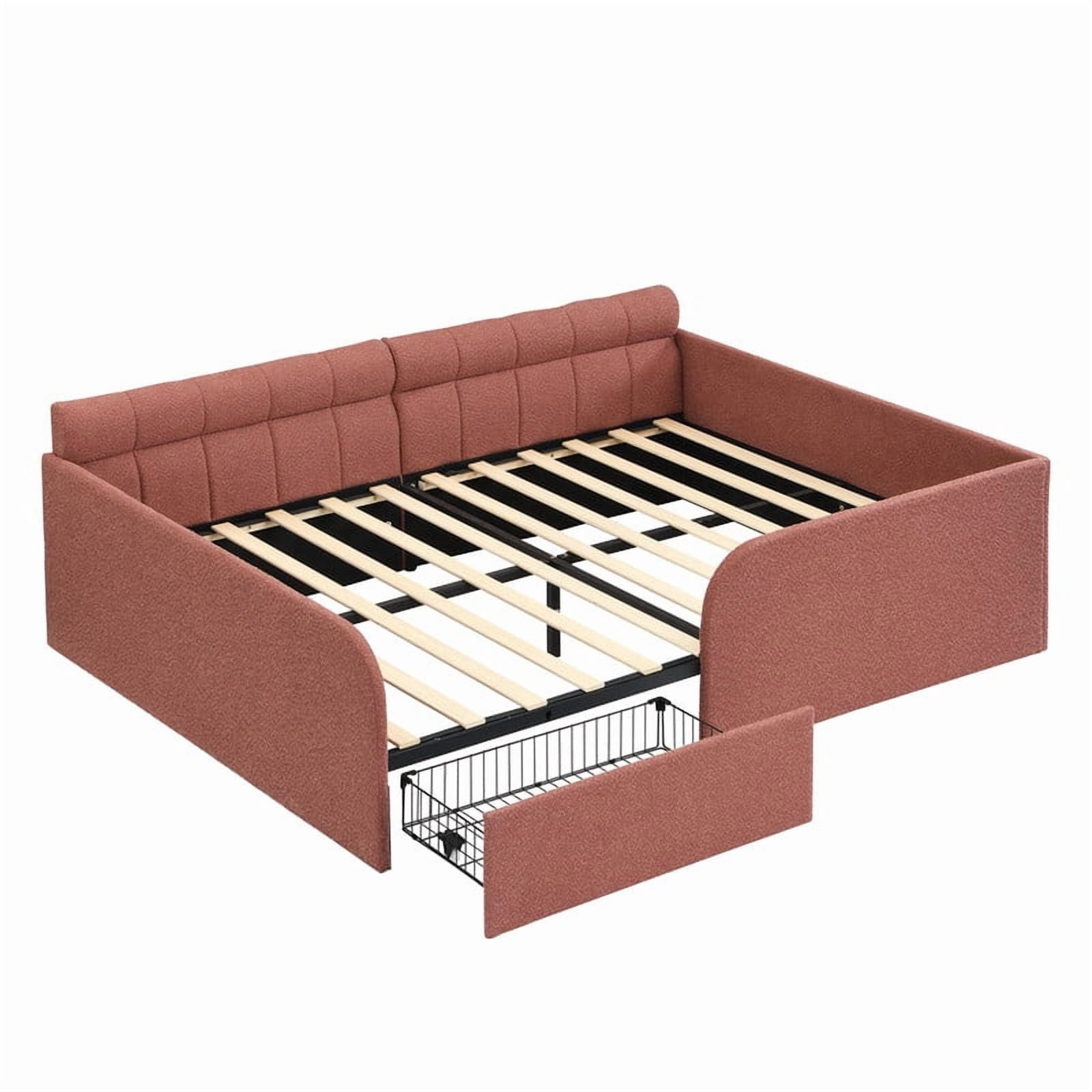Full Size Boucle Daybed with Metal Drawer on Wheels, Storage Platform Bed Frame with Guardrails, Upholstered Low Profile Bed