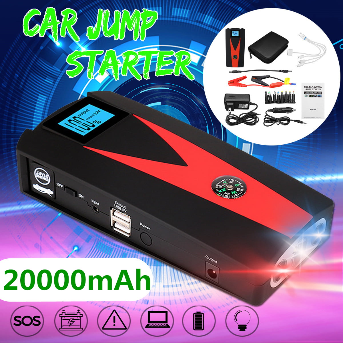 20000mAh Car Jump Starter Booster Jumper Box Power Bank Battery Charger Portable 
