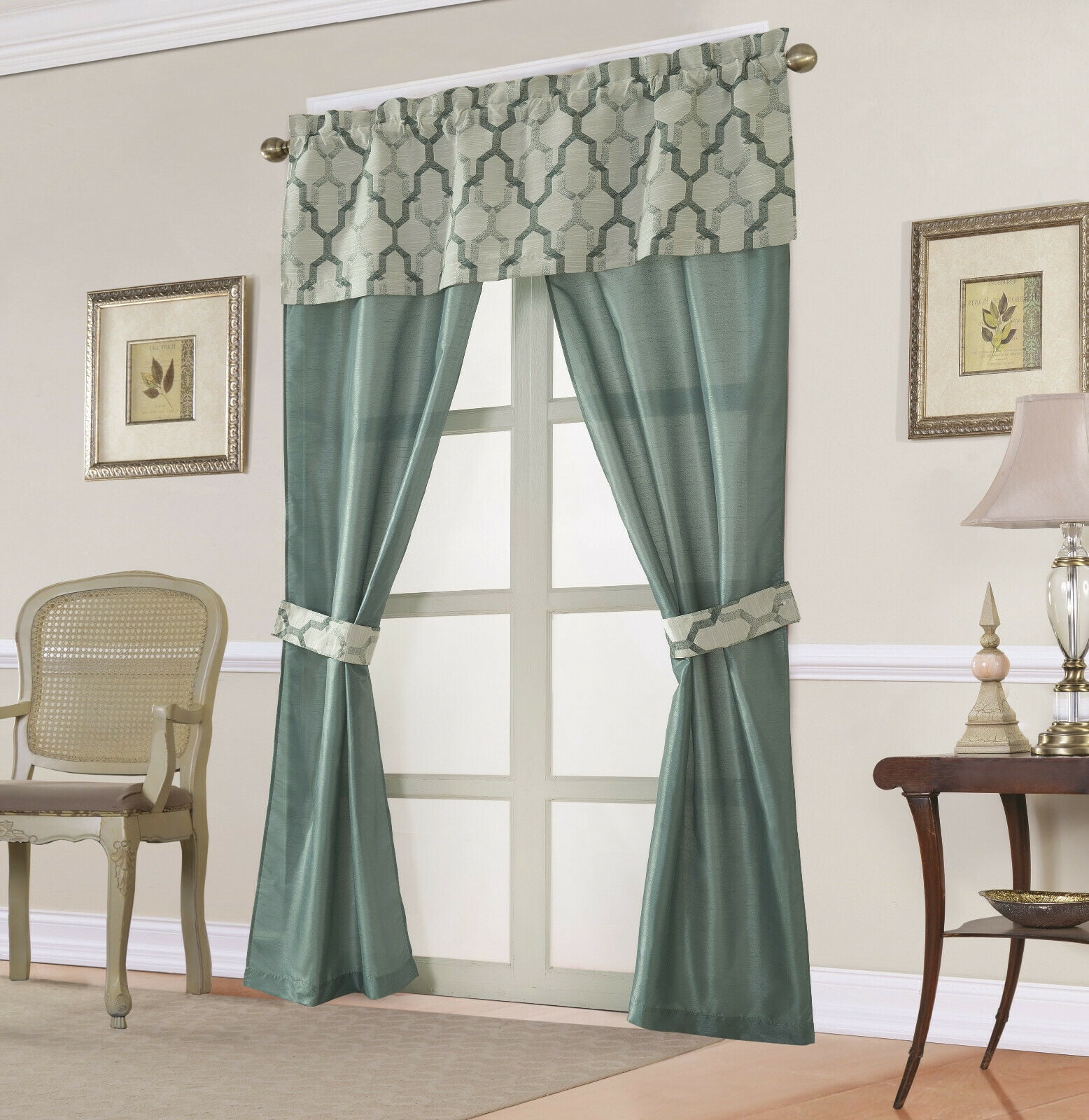Complete 5 Pc Geometric Semi Sheer Window in a Bag Curtain Set Teal
