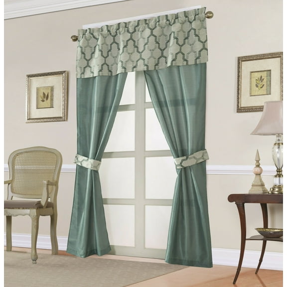 Complete 5 Pc Geometric Semi Sheer Window in a Bag Curtain Set - Teal