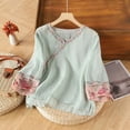 thumbnail image 2 of Wovix Women Floral Embroidery Cotton Linen Oversized Shirts Short Sleeve V Neck Blouses Boho Ethnic Style Tops Green L, 2 of 3