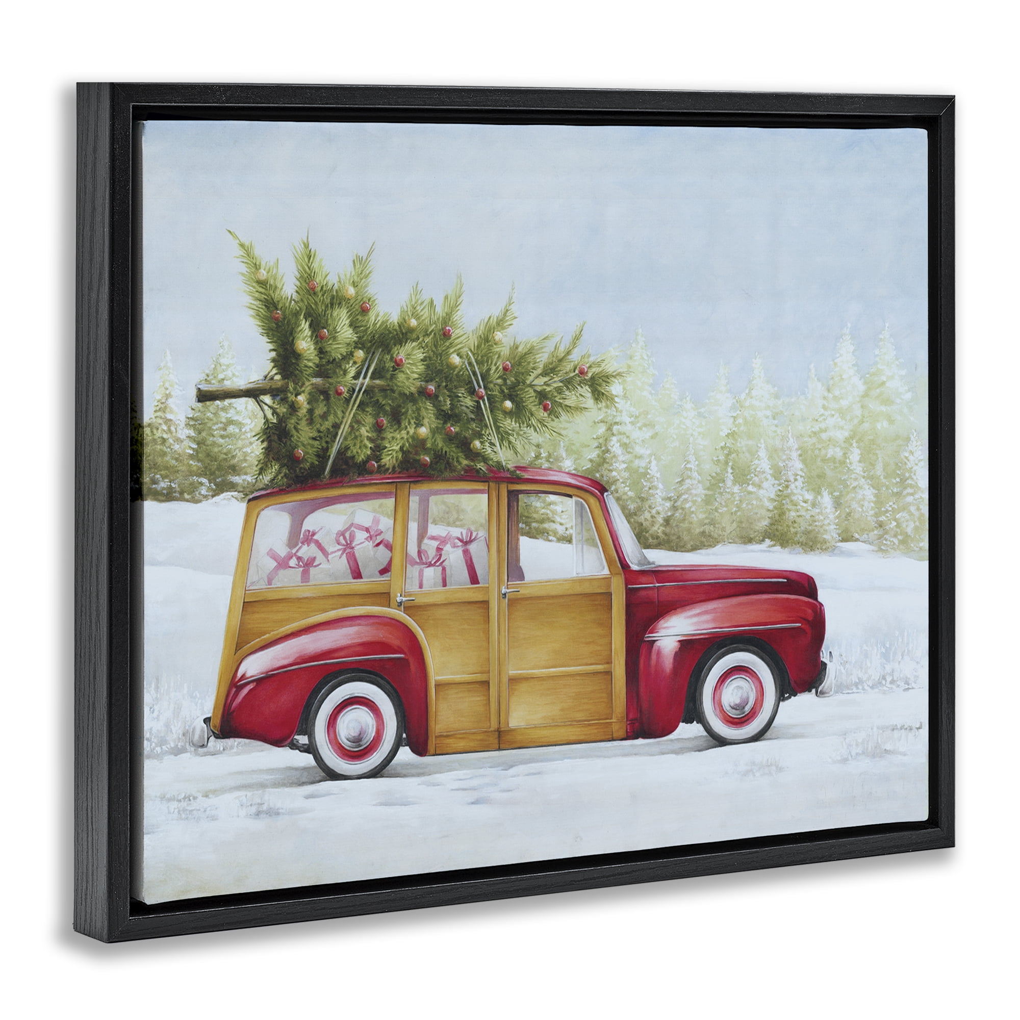 Stupell Industries Holiday Fun Filled Car Holiday Painting Black Floater Framed Canvas Art Prints Wall Art, 31 x 25
