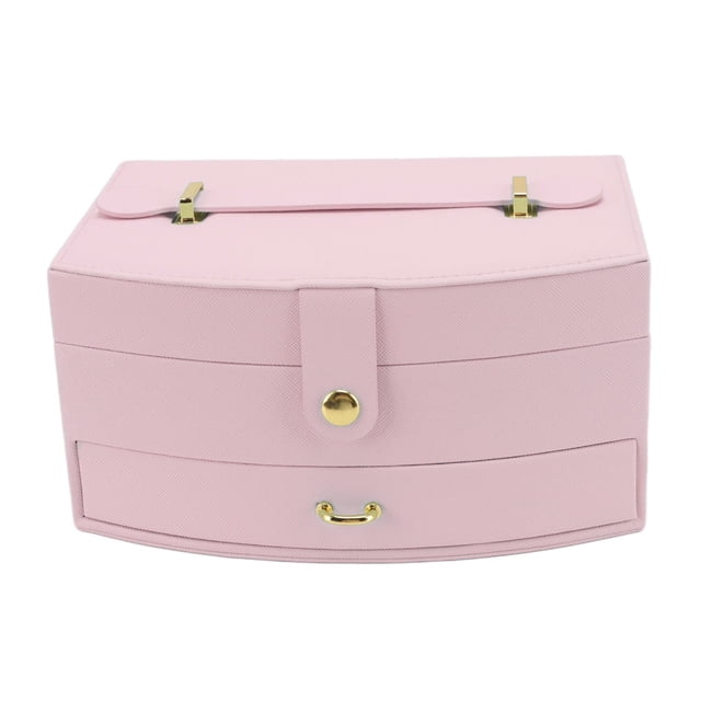 Organizador de pendientes y collares listo para viajar con cierre y asa, estuche de cuero portátil de 2 capas de color rosa