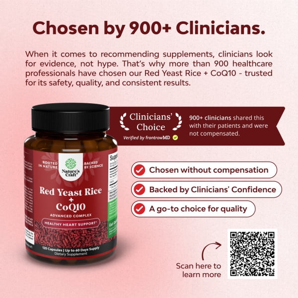 Natures Craft Red Yeast Rice Capsules 1200mg with CoQ10 100mg, Heart Health Supplement, 120 Count