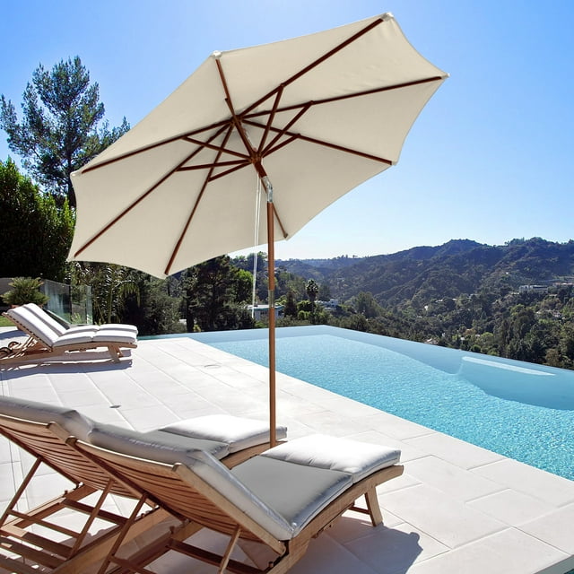 Yescom 9 Ft Wooden Patio Umbrella 8 Ribs Easy Tilt Table Parasol Outdoor Backyard Pool