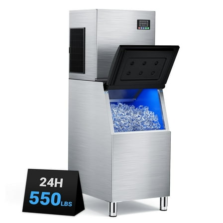 Ecojoy Commercial Ice Machine 550LBS/24H, 400LBS Storage, Self-Cleaning, 5-15 Min Ice Ready, 304 Stainless Steel