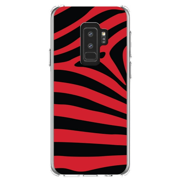 DistinctInk Clear Shockproof Hybrid Case for Samsung Galaxy S9  PLUS (6.2" Screen) - TPU Bumper, Acrylic Back, Tempered Glass Screen Protector - Black Red Zebra Skin Stripes
