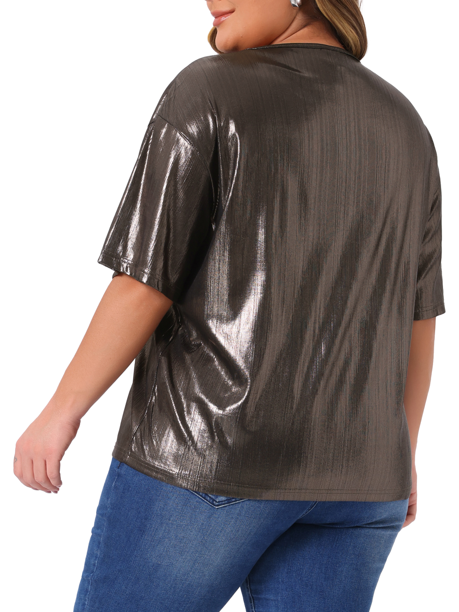 DARING DIVA Women's Plus Size Metallic Round Neck Short Sleeve Blouses 2X Dark Brown