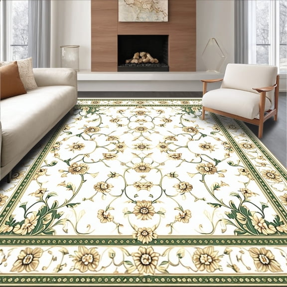 ODIKA 4'x6' Machine Washable Non-Slip Area Rug, Vintage Floral Non Slip High Traffic Rug, Ivory, 86726