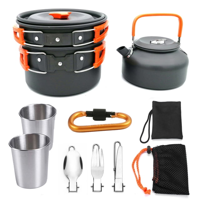 Utensilios de cocina al aire libre Camping Picnic plegable Vajilla Non-Stick 2-3 personas Pote reutilizable Freíranjado con bolsa de almacenamiento 11 Piezas Naranja Monstrate OD003506-02B
