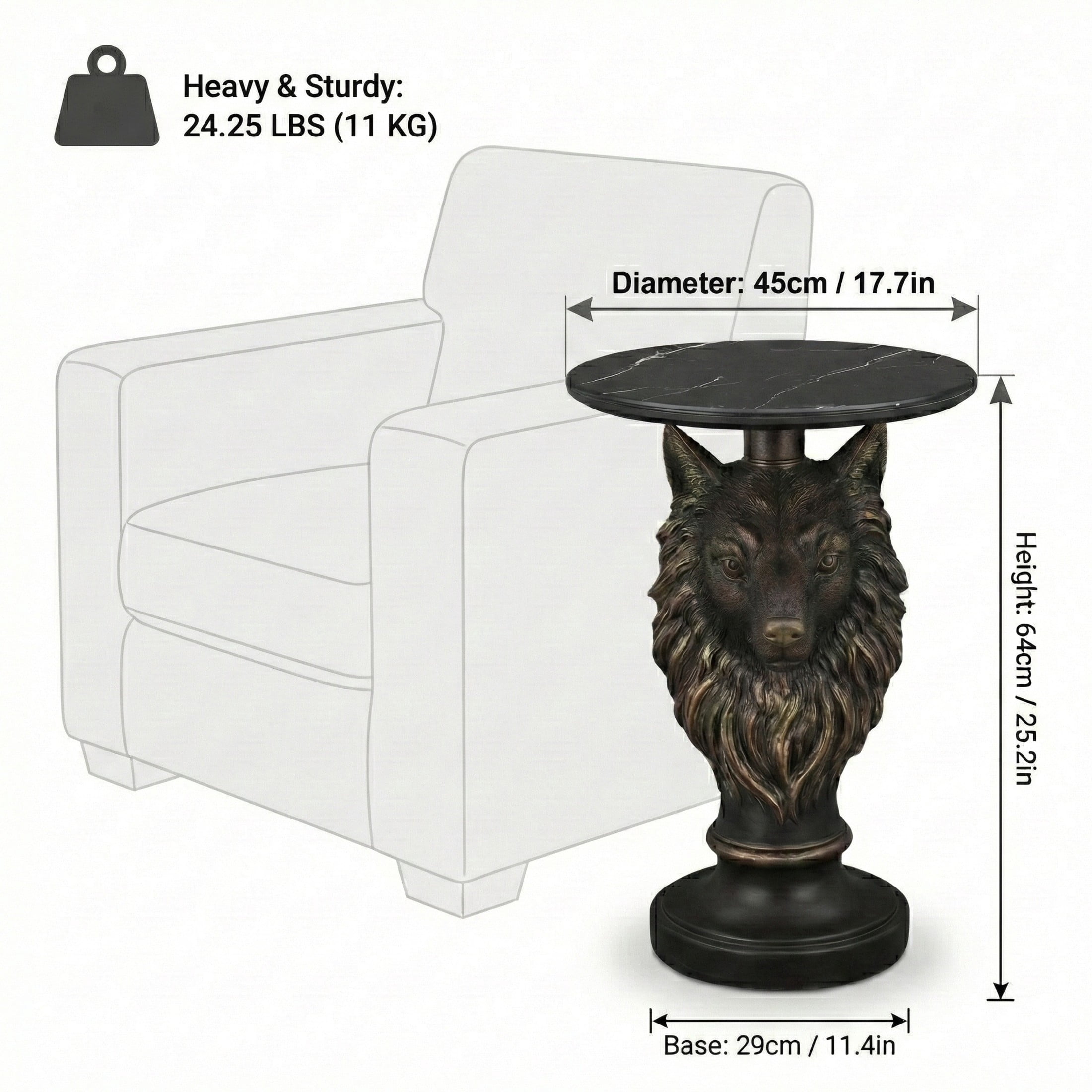 Noble House Wolf Head Accent Table, Animal Statue End Table with Faux Marble Tabletop for Living Room, Antique Brown
