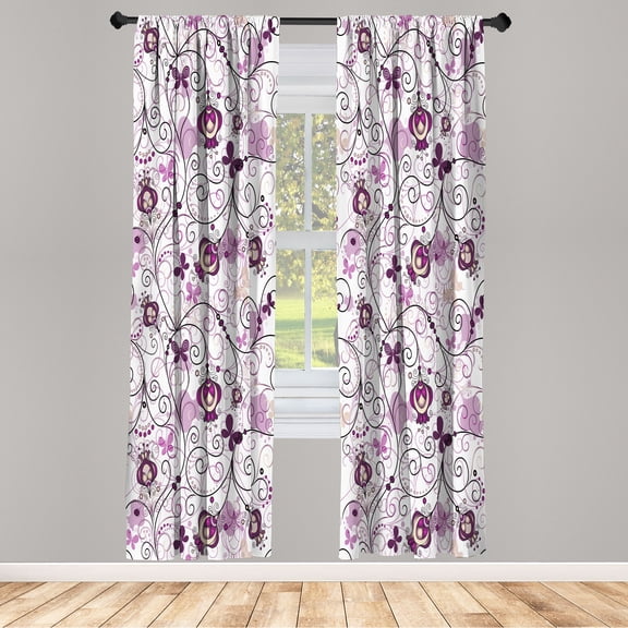 Ambesonne Floral Curtains, Abstract Art Dreamy Flowers, Pair of 28"x84", Purple Plum