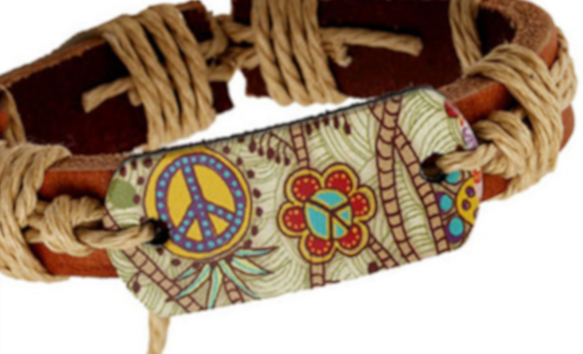 thumbnail image 6 of Genuine Leather Peace Sign Pull String Bracelet Hippie Cool Design Jewelry-PSB, 6 of 8
