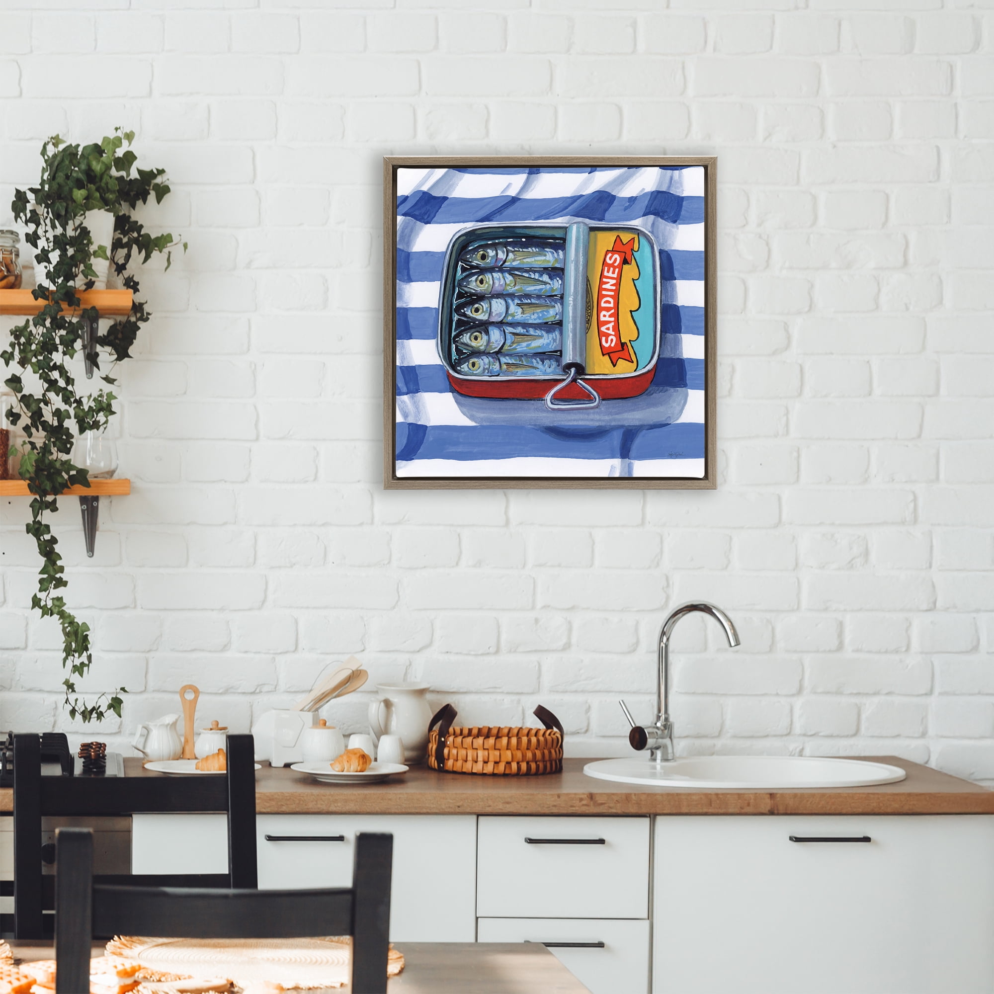Stupell Industries Sardines On Striped Cloth Brown Framed Floater Canvas Wall Art, design by Kate Jarvik Birch