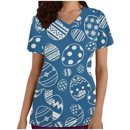 

Ecqkame Easter Women Scrubs Tops Easter Eggs Bunny Rabbit Printed Working Uniform Blouse T-shirt Casual Short Sleeve V-neck Blouse Tops With Pocket Blue XXL on Clearance