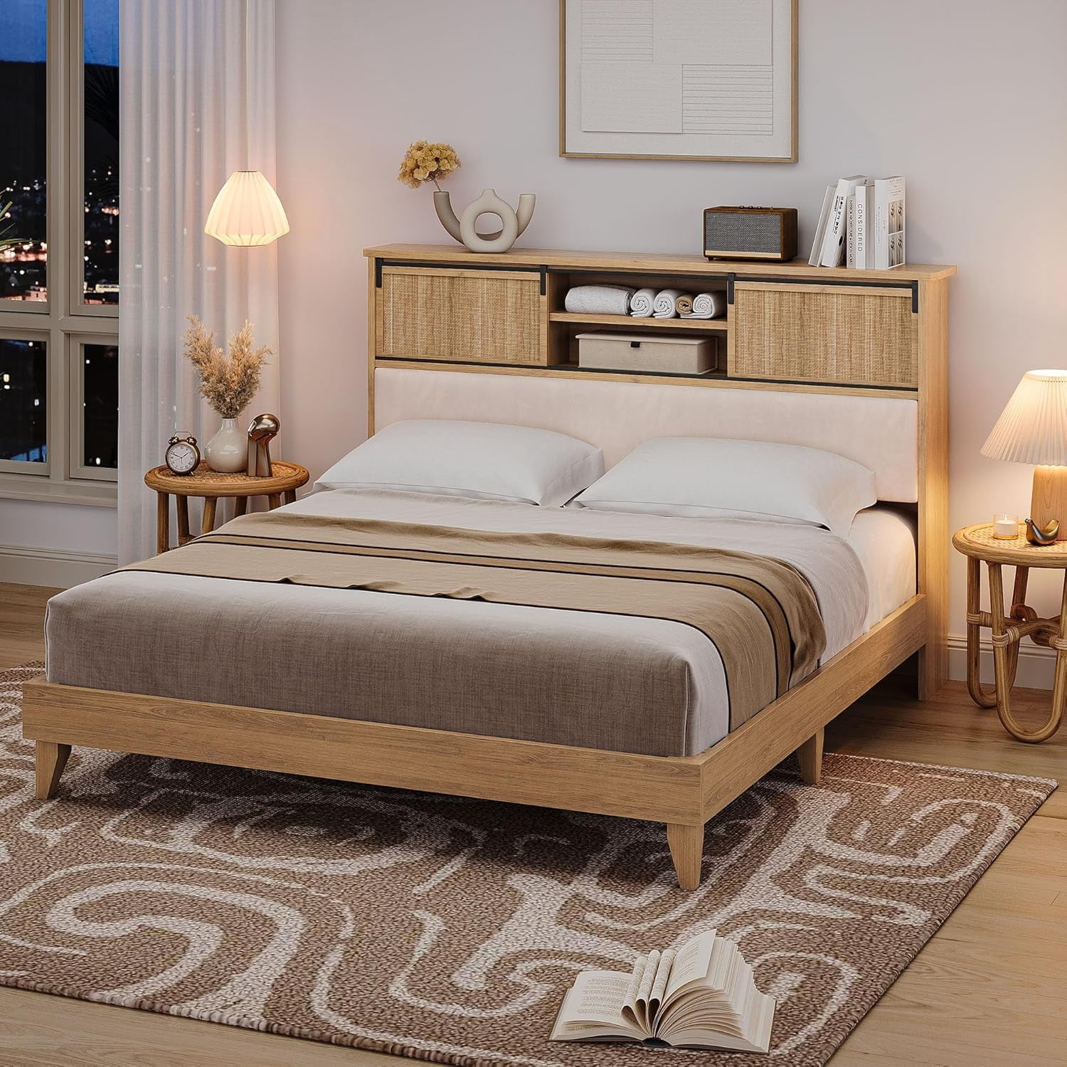 Shininglove King Size Rattan Bed Frame with Storage – Boho-Chic Bedroom Furniture with Sliding Door Shelf, Solid Wood Slats, & No Box Spring Needed – Easy Assembly Natural Oak