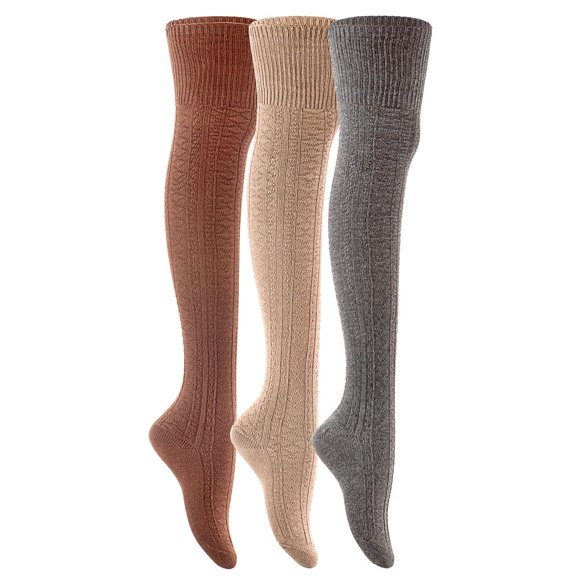 Lian LifeStyle Women's 3 Pairs Fashion Thigh High Cotton Socks JMYP1025-02 Size 6-9(Coffee, Beige, Dark Grey)