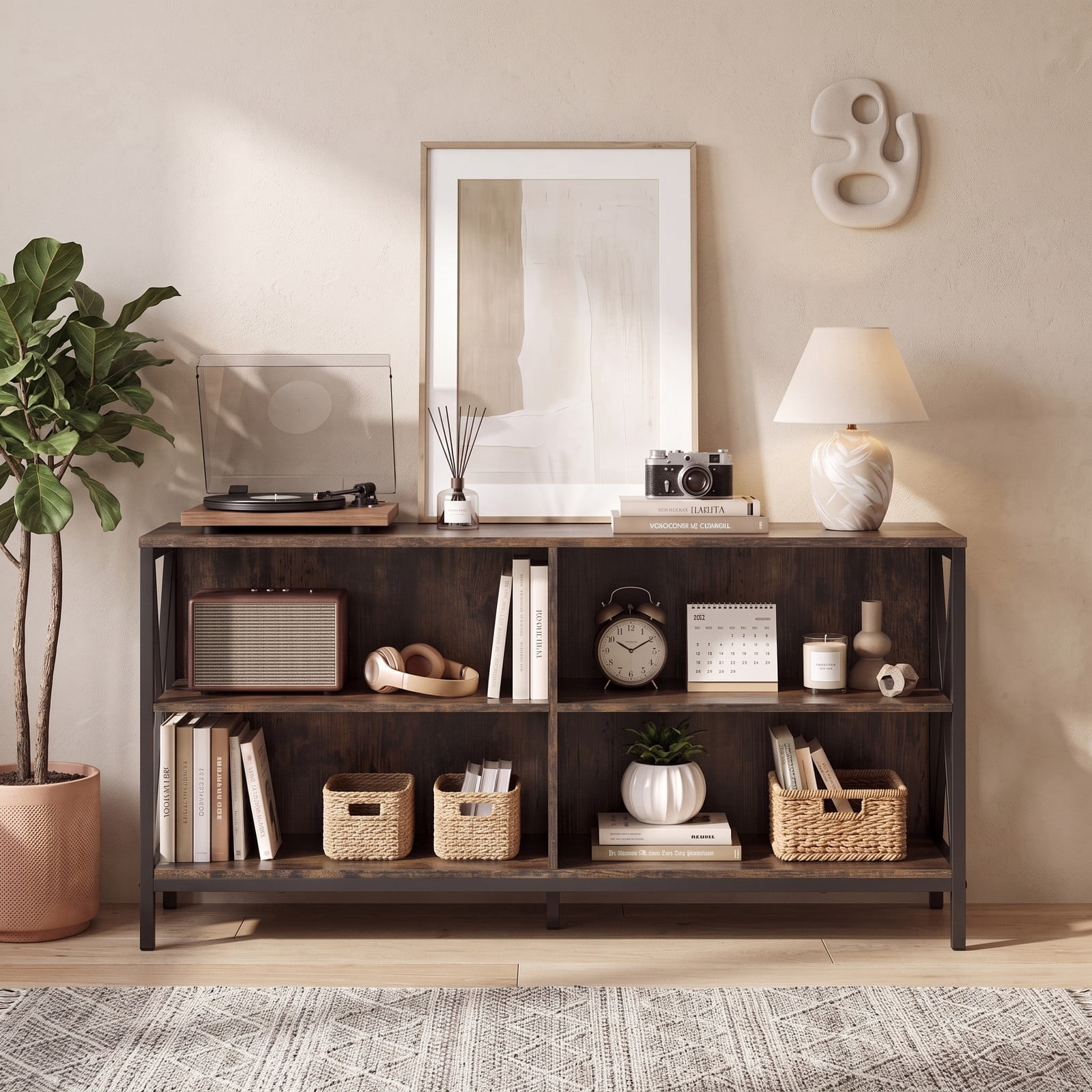 Furnibear Wooden TV Stand Entertainment Center for TVs up to 55 Inch, X-Shaped Metal Frame Media Console with Open Storage Shelves for Living Room, Rustic Brown & Black