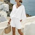 thumbnail image 2 of Lcziwo V Neck Two Piece Sets for Women Gauze Elegant Beach Vacation Outfits Batwing Sleeve Loose Shirts with Drawstring High Waist Shorts White,L, 2 of 9