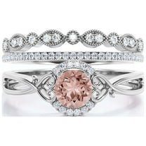 Dazzling Half Halo 2.25 Carat Round Cut Morganite And Diamond Moissanite Engagement Ring Wedding Ring in 10k Solid White Gold, Gift For Her, Promise Ring, Anniversary Ring, Trio Set, Matching Band