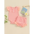 thumbnail image 2 of FEORJGP Infant Baby Girl Summer Outfits 3M 6M 12M 18M Newborn Round Neck Jumpsuit Buttons Eyelet Fly Sleeve Rompers Elastic Waist Shorts Toddler Cute Casual 2Pcs Solid Clothes Set, 2 of 8