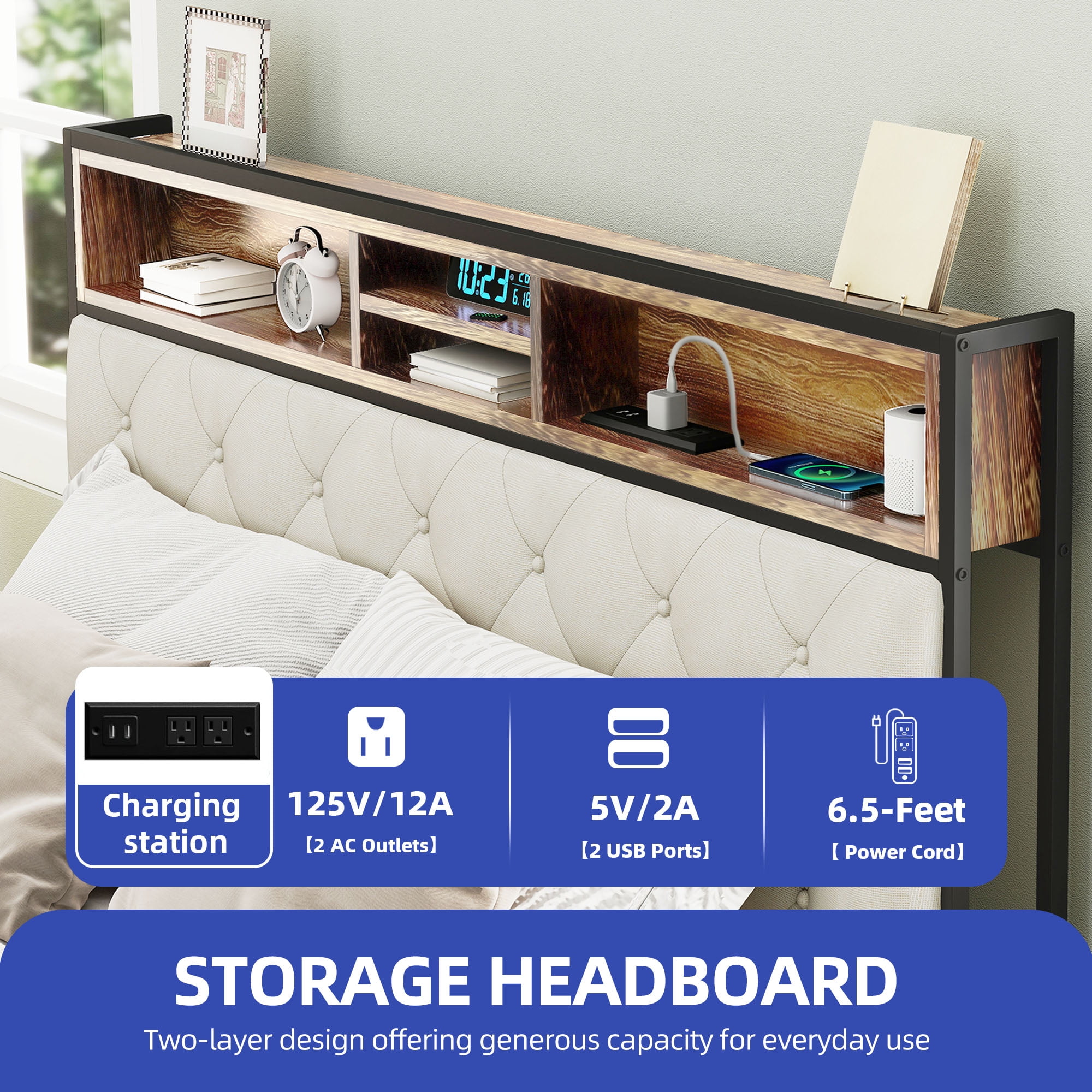 DEXTRUS Industrial Retro Style Queen Modern Linen Bed Frame with Headboard