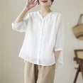 thumbnail image 4 of Solid Color Cotton Linen Blouse for Women V-Neck 3/4 Sleeves Vintage Tops Loose Embroidery Casual Shirts, 4 of 7