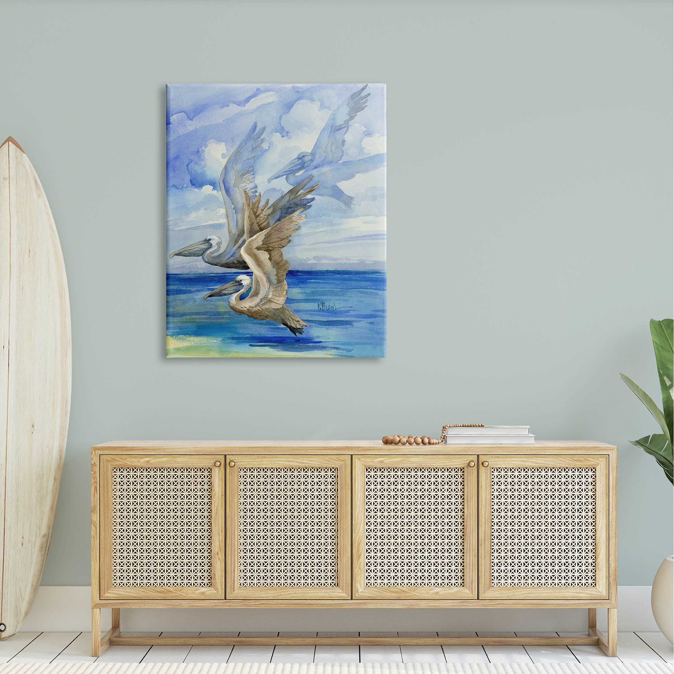 Stupell Industries Pelicans Trio Over Ocean Shore Painting Gallery Wrapped Canvas Print Wall Art, Design by Paul Brent
