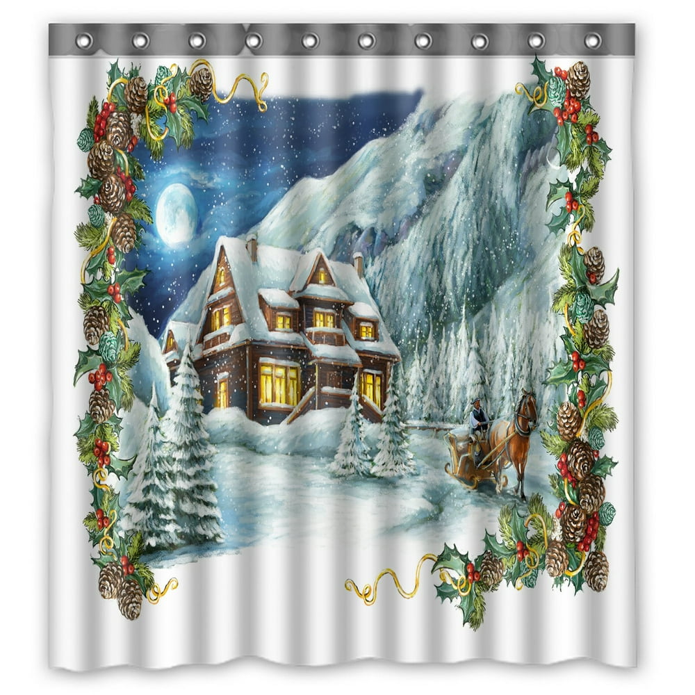 PHFZK Snow Shower Curtain, Christmas Winter Happy Scene Polyester