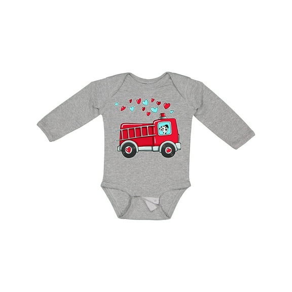 Inktastic Valentine Fire Truck with Cute Dalmatian and Hearts Boys or Girls Long Sleeve Baby Bodysuit