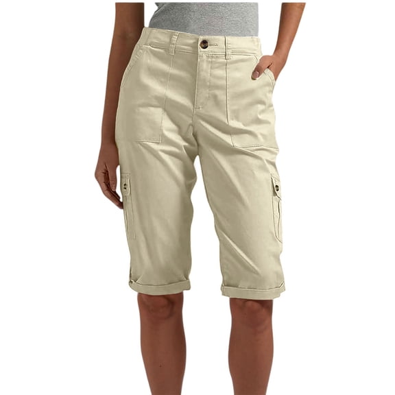 Capri Pants for Women Casual Summer Spring Straight Leg Cargo Capris with Pockets Rolled Hem Cropped Trouser Light Brown 2XL