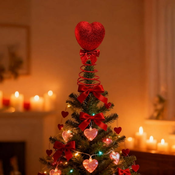 Heart with Spring Tree Topper Star Ornament | Valentine's Day Decoration for Home, Party, or Restaurant | Red Heart & Tree Top Star with Ribbon | 1 Piece