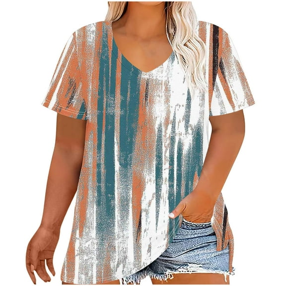 Ecqkame Womens Plus Size Tops Summer Casual Floral Print V Neck Short Sleeve Shirt Loose Flowy Trendy T Shirts Orange XXXL