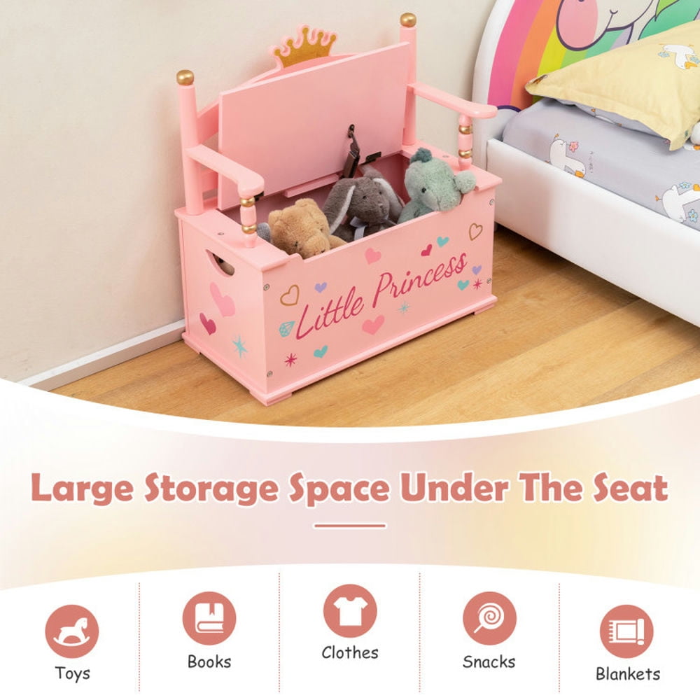 Resenkos 2-In-1 Kids Princess Wooden Toy Box with Safe Hinged Lid-Pink, Kids Toy Storage for Kids, Boys, Girls, Nursery
