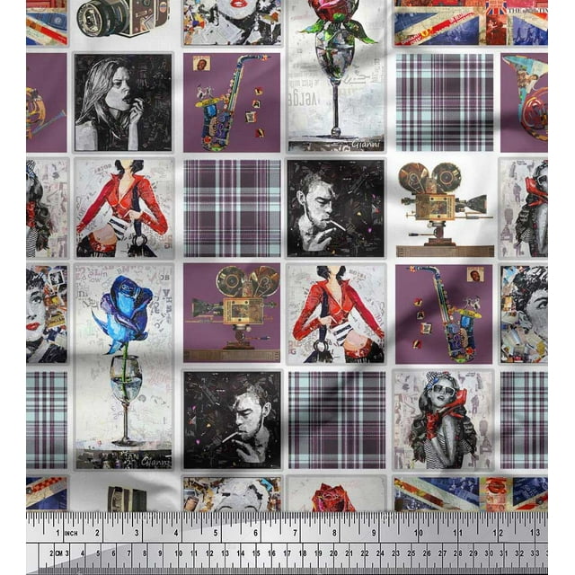 Soimoi Rayon Fabric Check,Women & Camera Patchwork Decor Fabric Printed Yard 42 Inch Wide