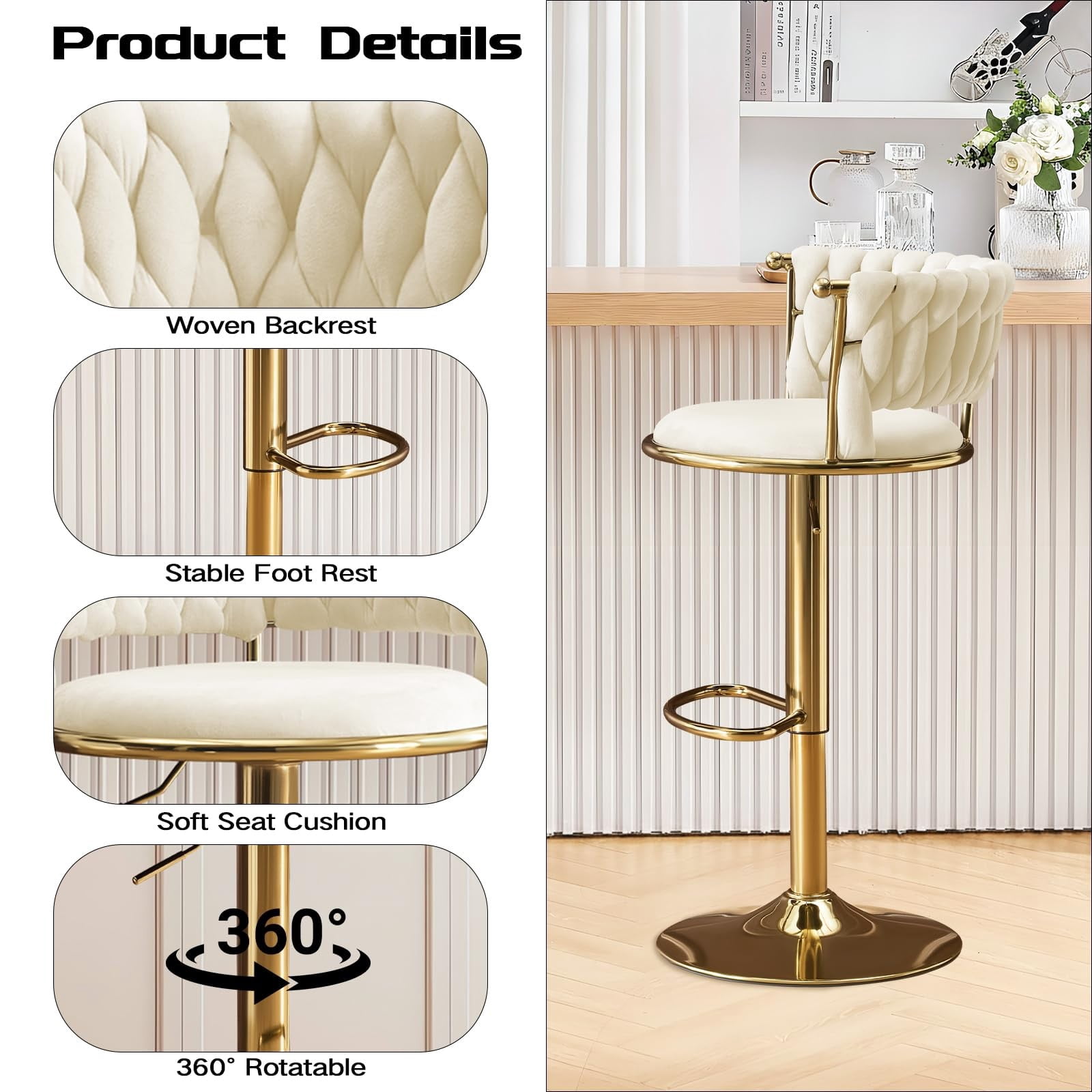 Set of 2 360° Swivel Velvet Bar Stools, Adjustable Counter Height Bar Chairs with Gold Metal Base & Low Back, Modern Kitchen Island Barstools for Dining Room & Pub, Beige