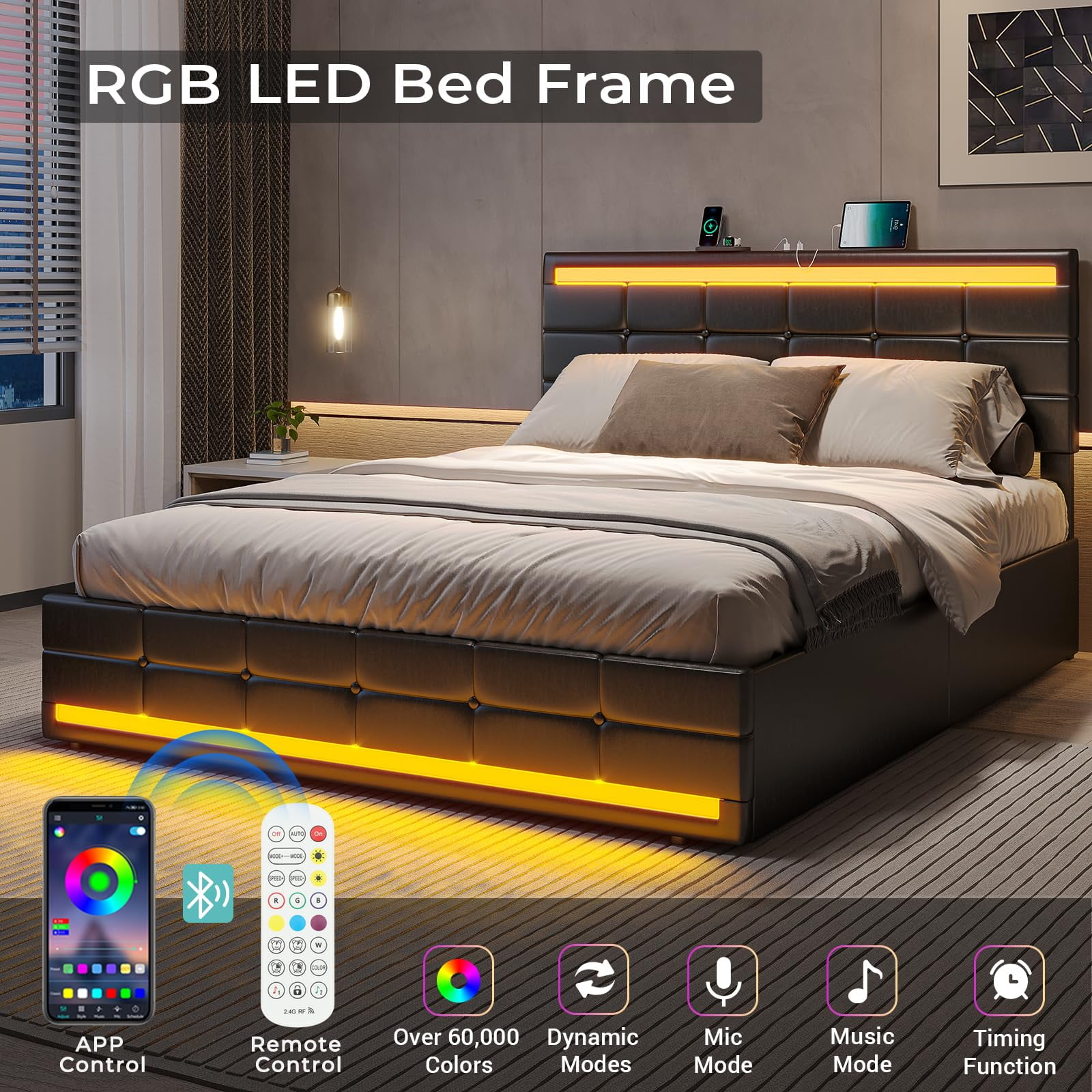Amuzer Queen Size Bed Frame with USB, Upholstered Platform Bed Frame with Drawers and LED Lights, Black
