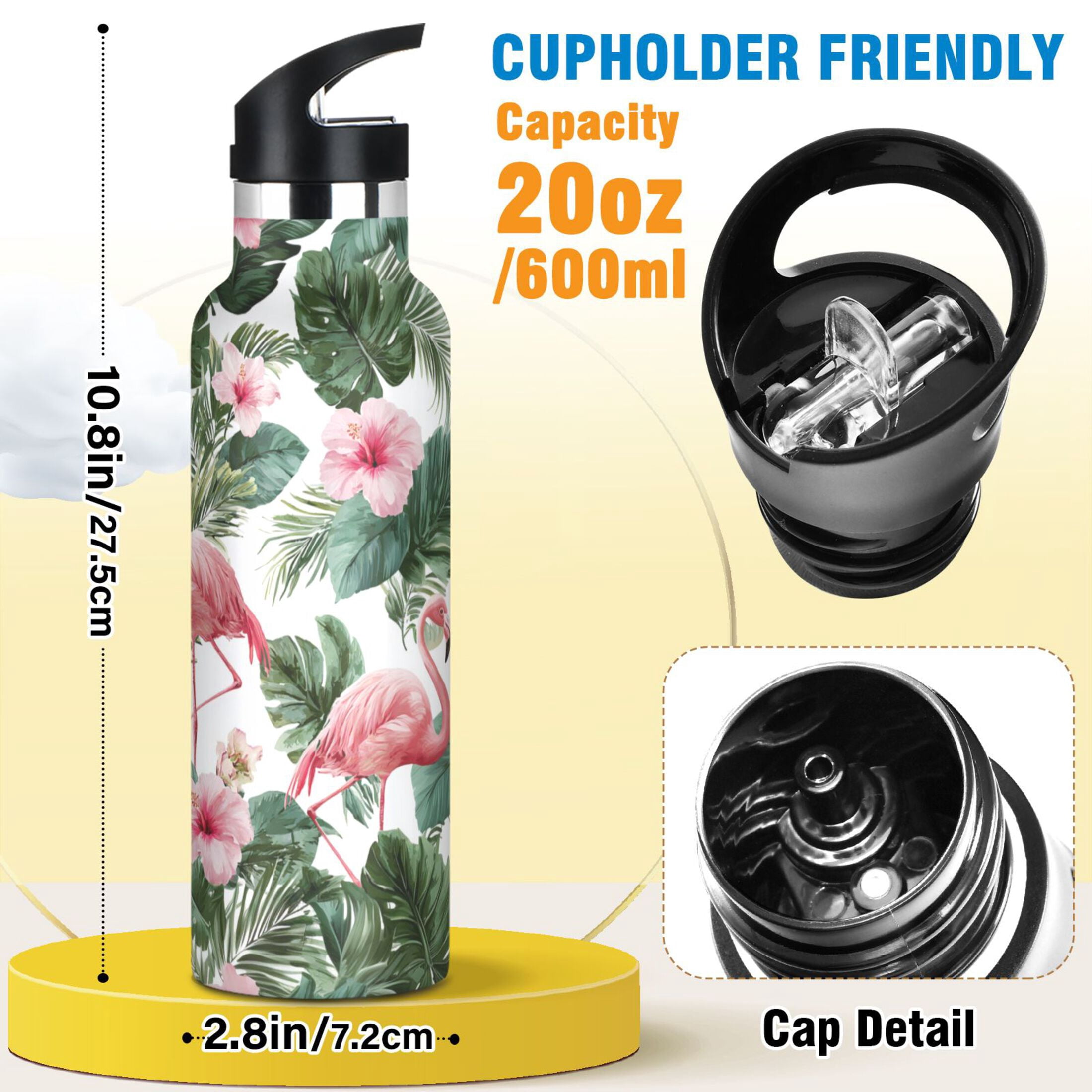 Kids Insulated Stainless Steel Sports Water Bottle 600ml (20oz) Flamingo and Tropical Leaves