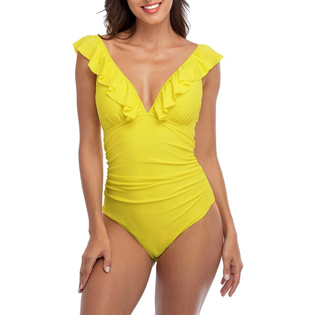 Womens Ruffle One Piece Swimsuits V Neck Ruched Monokini Bathing Suits