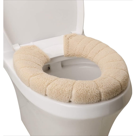 Beige Toilet Seat Cover with Snap-On Fixing, Soft Thick Warm Washable Non-Slip Universal Fit for Most Toilets
